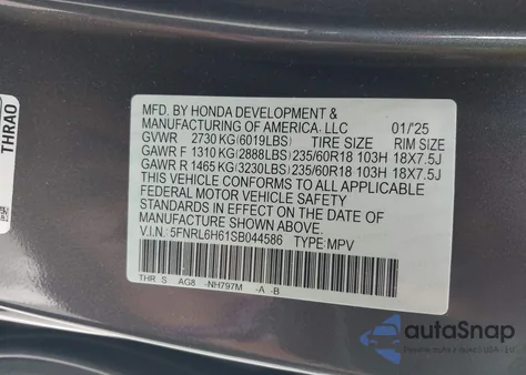 2025 Honda Odyssey Ex-L из США, поврежденный, VIN 5FNRL6H61SB044586